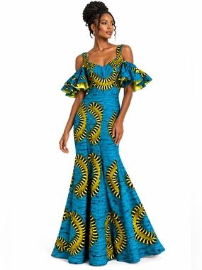 Danik Concepts Turquoise Yellow Off Shoulder Cotton Maxi Dress – Size Small EUC
